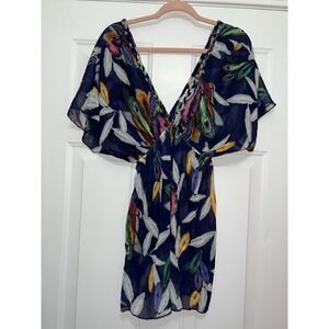 Miken Tropical Print Caftan Swimsuit Cover Up Small Butterfly Sleeve Dress Sheer